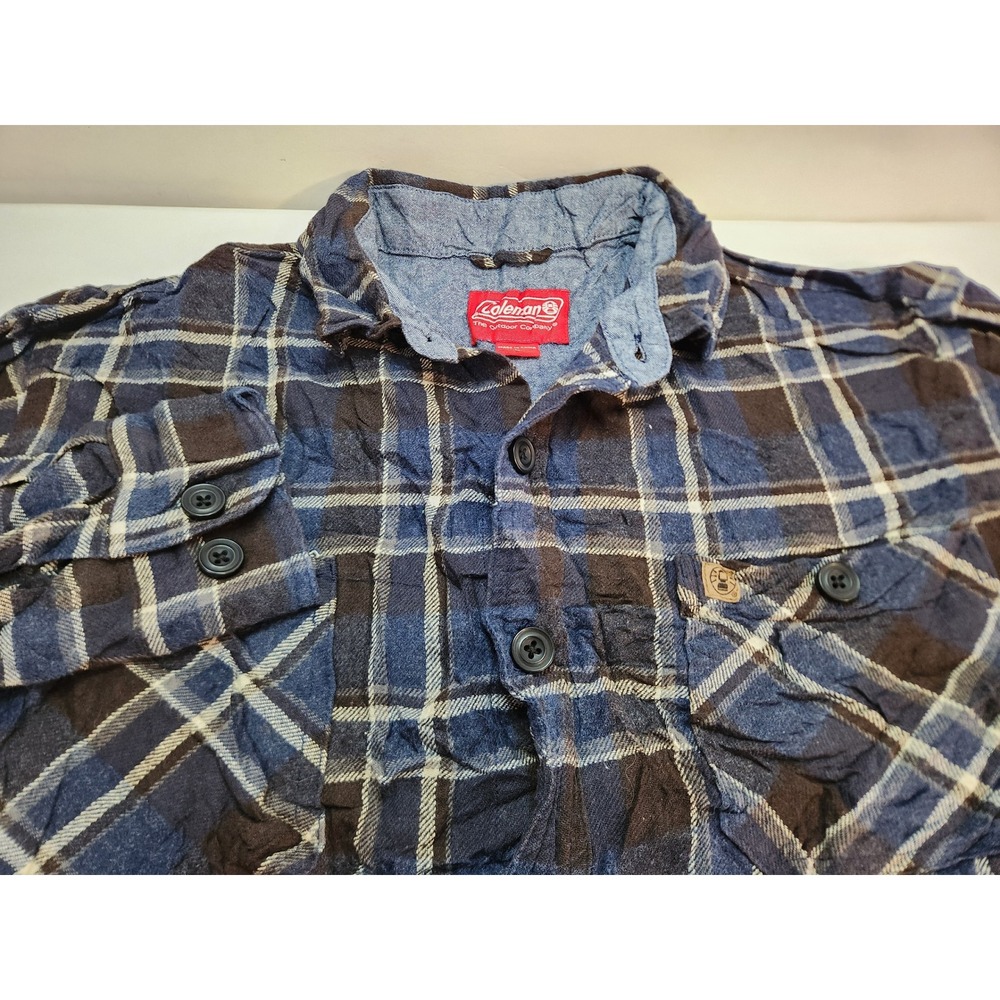 Coleman Mens L Plaid Flannel Long Sleeve Button Up Outdoor Shirt Blue Brown